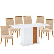 Mesa de Jantar Jein 160 cm Tampo Arredondado com Vidro Branco HP Nature Flex e 6 Cadeiras Méri Linho Henn