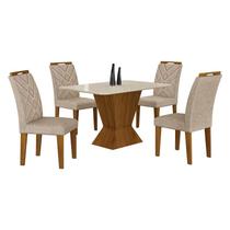 Mesa de Jantar Larissa 120x80 Freijó Off White com 4 Cadeiras MDF Freijó Linho Palha - Leifer Móveis