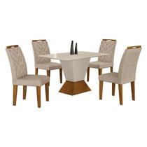 Mesa de Jantar Larissa 120x80 Off White Freijó com 4 Cadeiras MDF Freijó Linho Palha - Leifer Móveis