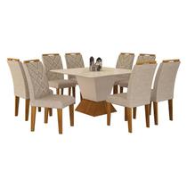 Mesa de Jantar Larissa 135x135 Off White Freijó com 8 Cadeiras MDF Freijó Linho Palha - Leifer Móveis Mesa de Jantar Larissa 135x135 Off White Freijó com 8 Cadeiras MDF Freijó Linho Palha - Leifer Móveis