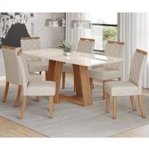 Mesa de Jantar Lins 160cm Canto Arredondado com Vidro Ambiente Nature Off White com 6 Cadeiras Bella Linho - Henn Mesa de Jantar Lins 160cm Canto Arredondado com Vidro Ambiente Nature Off White com 6 Cadeiras Bella Linho - Henn