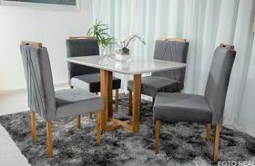 Mesa de Jantar Lisy Tampo MDF e Vidro Off 120X80 com 4 Cadeiras de Madeira Maciça Safira Veludo Cinza