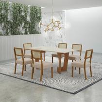 Mesa de Jantar Liz 160x80cm Vidro 25mm Cinamomo Off White com kit 6 cadeiras Linho Bege - Valdemóveis