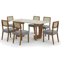 Mesa de Jantar Liz 160x80cm Vidro 25mm Cinamomo Off White com kit 6 cadeiras Linho Prata - Valdemóveis
