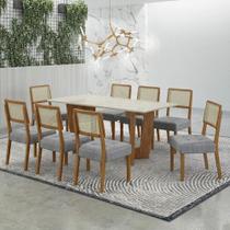 Mesa de Jantar Liz 180x90cm Vidro 25mm Cinamomo Off White com kit 8 cadeiras Linho prata -Valdemóveis