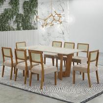 Mesa de Jantar Liz 180x90cm Vidro 25mm Cinamomo Off White com kit 8 cadeiras Veludo Bege -Valdemóveis
