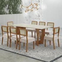 Mesa de Jantar Liz 180x90cm Vidro 25mm Cinamomo Off White com kit 8 cadeiras Veludo Palha -Valdemóveis