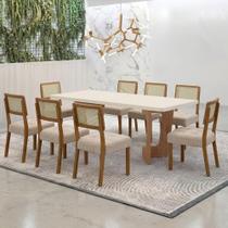 Mesa de Jantar Liz 180x90cm Vidro 40mm Cinamomo Off White com kit 8 cadeiras Linho Bege - Valdemóveis