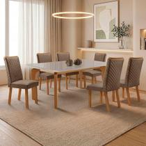 Mesa de Jantar Liz com 6 Cadeiras Lira 6 Lugares Tampo em MDF com Vidro Veludo Capuccino Nat Off Mesa de Jantar Liz com 6 Cadeiras Lira 6 Lugares Tampo em MDF com Vidro Veludo Capuccino Nat Off