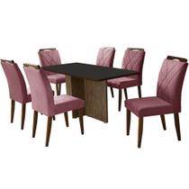 Mesa de Jantar Los Angeles 160x80cm em Veludo com 6 Cadeiras California Minas Plac Cor Canela Grafite com Tecido Rose