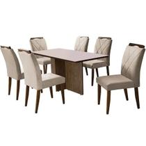 Mesa de Jantar Los Angeles 160x80cm em Veludo com 6 Cadeiras California Minas Plac Cor Canela Off White com Tecido Bege Mesa de Jantar Los Angeles 160x80cm em Veludo com 6 Cadeiras California Minas Plac Cor Canela Off White com Tecido Bege
