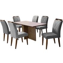 Mesa de Jantar Los Angeles 160x80cm em Veludo com 6 Cadeiras California Minas Plac Cor Canela Off White com Tecido Cinza