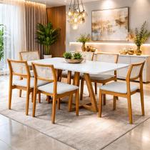 Mesa de Jantar Madeira Maciça 160x90 6 Lugares Pérola Moderna Tampo Vidro Off White