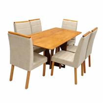 Mesa de Jantar Madrid Dubai 160x80cm Sem Vidro e 6 Cadeiras Giulia em Linho Estofadas Minas Plac Cor Cinamomo com Tecido Bege