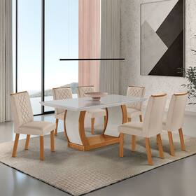 Mesa de Jantar Maia 180cm Tampo Canto Reto MDF Vidro com 6 Cadeiras Maia - Moderna Mobilia