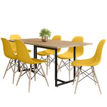 Mesa de Jantar Maldiva Industrial Nature F01 com 06 Cadeiras Eiffel Charles Eames Amarelo - Lyam Decor