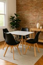 Mesa de Jantar Moderna Eiffel Quadrada 90cm MDF Branco Com 4 Cadeiras Leda Saarinen Wood Cor Preto