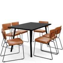 Mesa de Jantar Montreal Preto 135cm com 06 Cadeiras Industrial Allana F01 material sintético Camel - Lyam