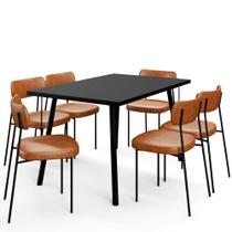 Mesa de Jantar Montreal Preto 135cm com 06 Cadeiras Industrial Melina F01 material sintético Camel - Lyam