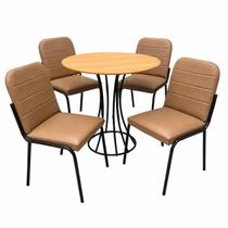 Mesa de Jantar Onix Redonda 90cm com 4 Cadeiras Chicago em material sintético Aço Tubo Minas Cor Preto Proa com Tecido Capuccino