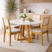 Mesa de Jantar para 4 Lugares Redonda Pés Madeira Maciça Tampo Mdf e vidro Pérola Mel e off White