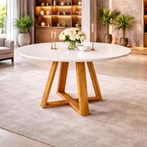 Mesa de Jantar para 4 Lugares Redonda Pés Madeira Maciça Tampo Mdf e vidro Pérola Mel e off White Mesa de Jantar para 4 Lugares Redonda Pés Madeira Maciça Tampo Mdf e vidro Pérola Mel e off White