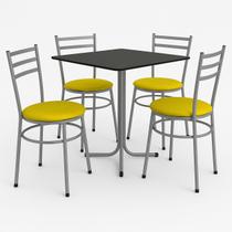 Mesa de Jantar Quadrada 70cm Preta Com 4 Cadeiras Estofada Cinza