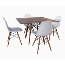 Mesa de Jantar Quadrada Amêndoa Eames Eiffel 90cm com 4 Cadeiras Brancas