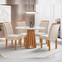 Mesa de Jantar Redonda 100cm Kansas Cinamomo/off White com 4 Cadeiras Estofadas Arizona - Suede Cru
