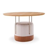 Mesa de Jantar Redonda 1,2m Metal Base Estofada Tampo MDF Cor:Louro Freijó Base Champagne Bege com Caramelo Mesa de Jantar Redonda 1,2m Metal Base Estofada Tampo MDF Cor:Louro Freijó Base Champagne Bege com Caramelo