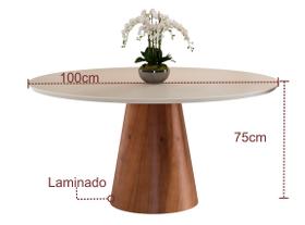 Mesa de Jantar Redonda 4 Lugares, Base Cone Madeira Laminada - Calêndula - Tampo Chanfrado 100% MDF e Vidro Off White - Moderna, Elegante e Chique