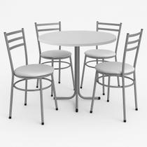 Mesa de Jantar Redonda 80cm Branca Com 4 Cadeiras Estofada Cinza