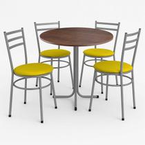 Mesa de Jantar Redonda 80cm Imbuia Com 4 Cadeiras Estofada Cinza