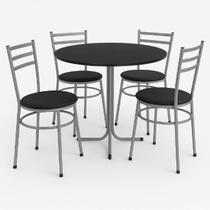 Mesa de Jantar Redonda 80cm Preta Com 4 Cadeiras Estofada Cinza Mesa de Jantar Redonda 80cm Preta Com 4 Cadeiras Estofada Cinza