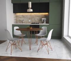 Mesa de Jantar Redonda 90cm Amêndoa Clips 3 Pés com 4 Cadeiras Eames Eiffel Brancas Base Cobre