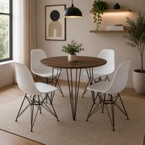 Mesa de Jantar Redonda 90cm Amêndoa Clips 3 Pés com 4 Cadeiras Eames Eiffel Brancas Ferro Preto Mesa de Jantar Redonda 90cm Amêndoa Clips 3 Pés com 4 Cadeiras Eames Eiffel Brancas Ferro Preto