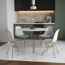 Mesa de Jantar Redonda 90cm Branca Clips 3 Pés com 4 Cadeiras Eames Eiffel Brancas Base Dourada