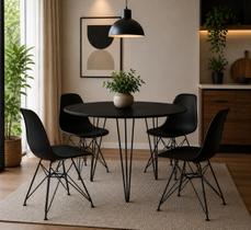 Mesa de Jantar Redonda 90cm Preta Clips 3 Pés com 4 Cadeiras Eames Eiffel Pretas Ferro Preto Mesa de Jantar Redonda 90cm Preta Clips 3 Pés com 4 Cadeiras Eames Eiffel Pretas Ferro Preto