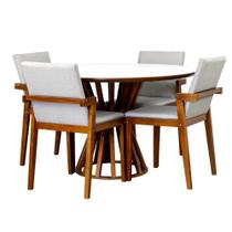 Mesa de Jantar Redonda Cecília Amadeirada Branca 120cm com 4 Cadeiras Estofadas Isabela - Bege
