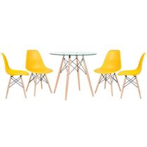 Mesa de jantar redonda com tampo de vidro Eames 80 cm + 4 cadeiras Eiffel DSW