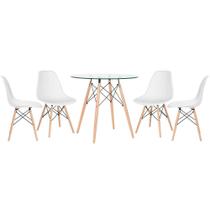 Mesa de jantar redonda com tampo de vidro Eames 80 cm + 4 cadeiras Eiffel DSW