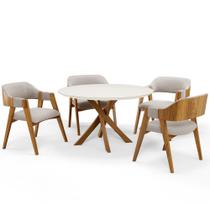 Mesa De Jantar Redonda Cora 120cm Off White M04 com 04 Cadeiras Living Suran Bouclê Creme - Lyam