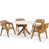 Mesa De Jantar Redonda Cora 120cm Off White M04 com 04 Cadeiras Living Suran Bouclê Mostarda - Lyam