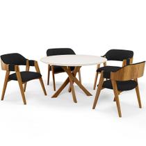 Mesa De Jantar Redonda Cora 120cm Off White M04 com 04 Cadeiras Living Suran Bouclê Preto - Lyam Mesa De Jantar Redonda Cora 120cm Off White M04 com 04 Cadeiras Living Suran Bouclê Preto - Lyam