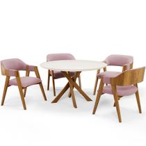 Mesa De Jantar Redonda Cora 120cm Off White M04 com 04 Cadeiras Living Suran Bouclê Rosê - Lyam Mesa De Jantar Redonda Cora 120cm Off White M04 com 04 Cadeiras Living Suran Bouclê Rosê - Lyam