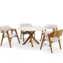 Mesa De Jantar Redonda Cora 120cm Off White M04 Com 04 Cadeiras Living Suran Linho Cru - Lyam Mesa De Jantar Redonda Cora 120cm Off White M04 Com 04 Cadeiras Living Suran Linho Cru - Lyam