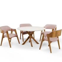 Mesa De Jantar Redonda Cora 120cm Off White M04 Com 04 Cadeiras Living Suran Linho Rosê - Lyam
