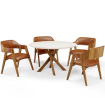Mesa De Jantar Redonda Cora 120cm Off White M04 com 04 Cadeiras Living Suran material sintético Camel - Lyam Mesa De Jantar Redonda Cora 120cm Off White M04 com 04 Cadeiras Living Suran material sintético Camel - Lyam