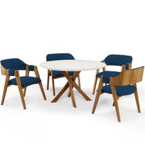 Mesa De Jantar Redonda Cora 120cm Off White M04 com 04 Cadeiras Living Suran Suede Azul Marinho - Lyam