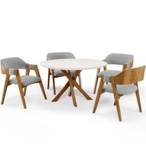 Mesa De Jantar Redonda Cora 120cm Off White M04 com 04 Cadeiras Living Suran Suede Cinza - Lyam